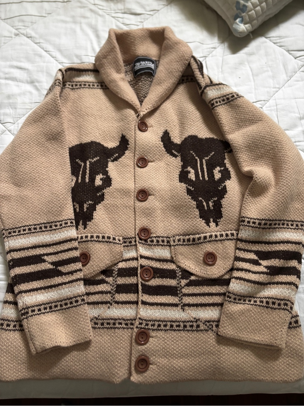 Cow Skull Pattern Shawl Collar Cardigan Sweater - Beige/Brown oversized cowboy